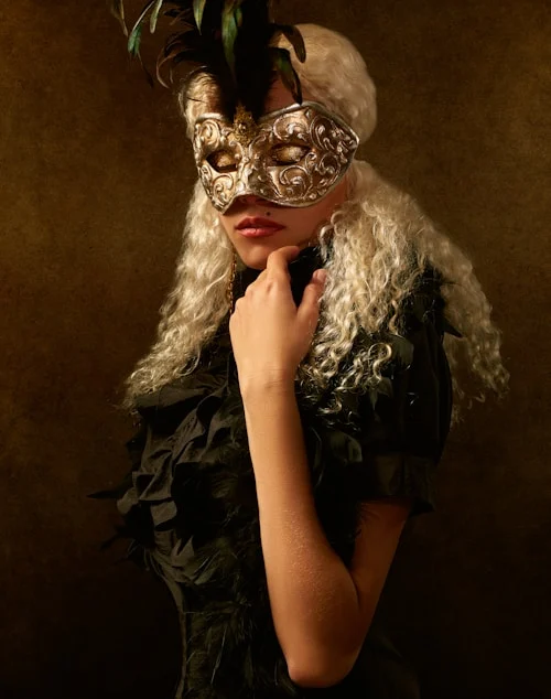 Beatnix Costume Shop Venetian masks styled with a formal gown at a masquerade event